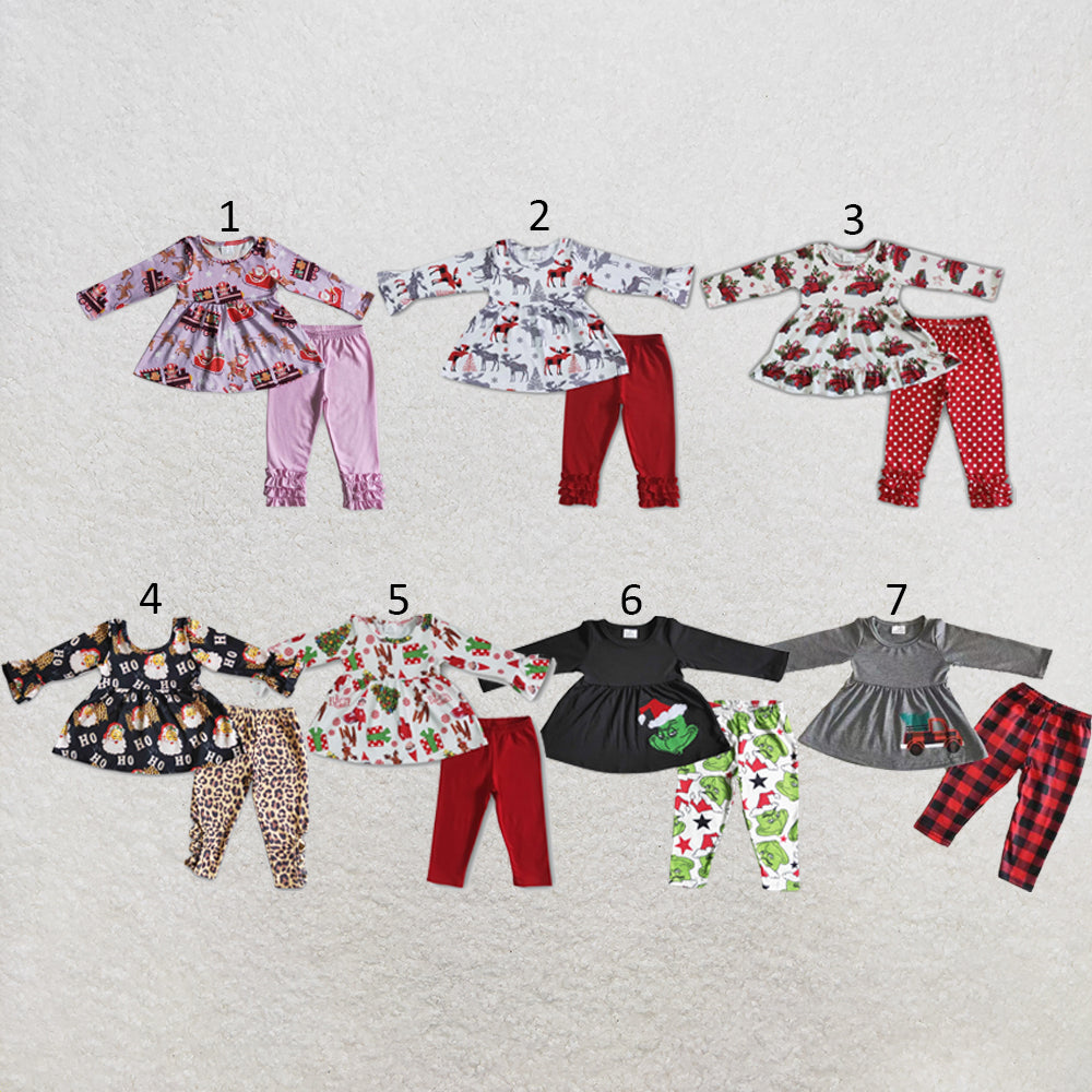 RTS NO MOQ Sibling milk silk Baby Girls Christmas Print Long Sleeve Tunic Pants Clothes Sets