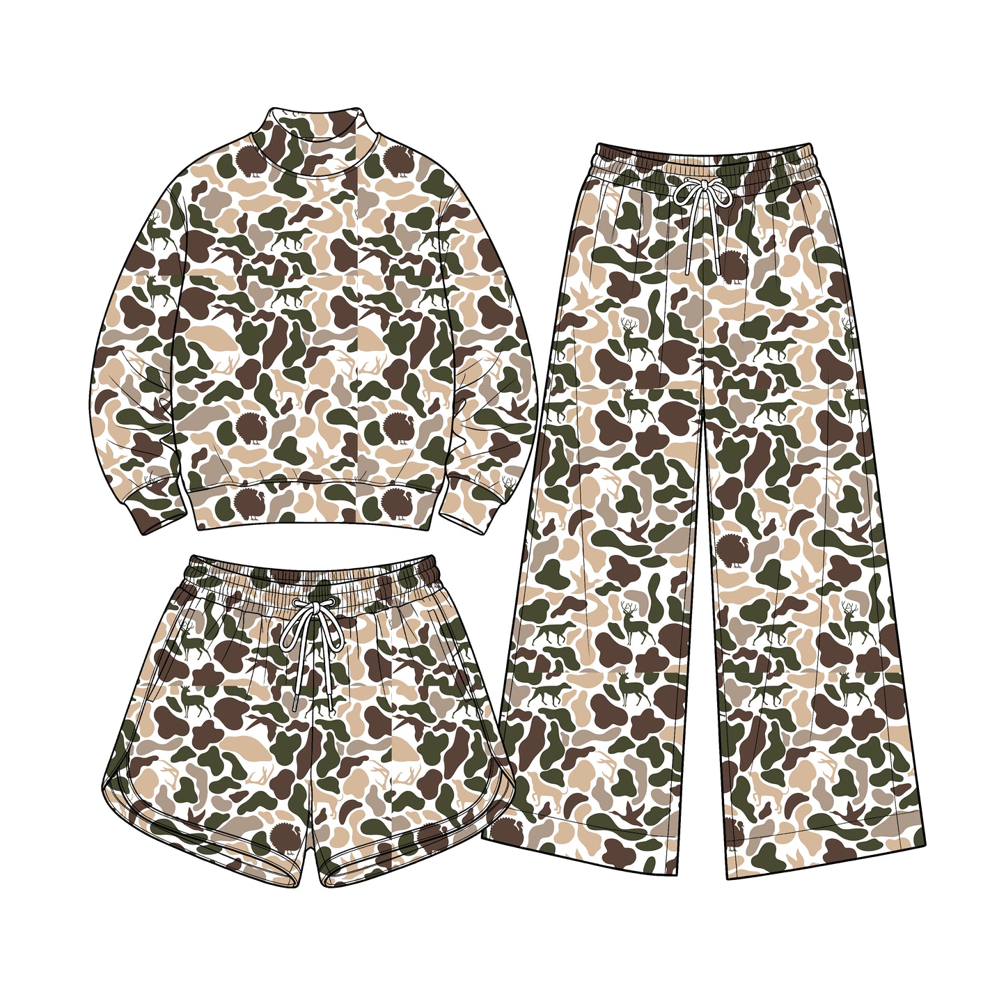 (Preorder new) No moq Baby Girls moq 5 Baby Girls Wood Camo Long Sleeve Top Pockets Shorts Yoga Active Clothes 3 piece Set