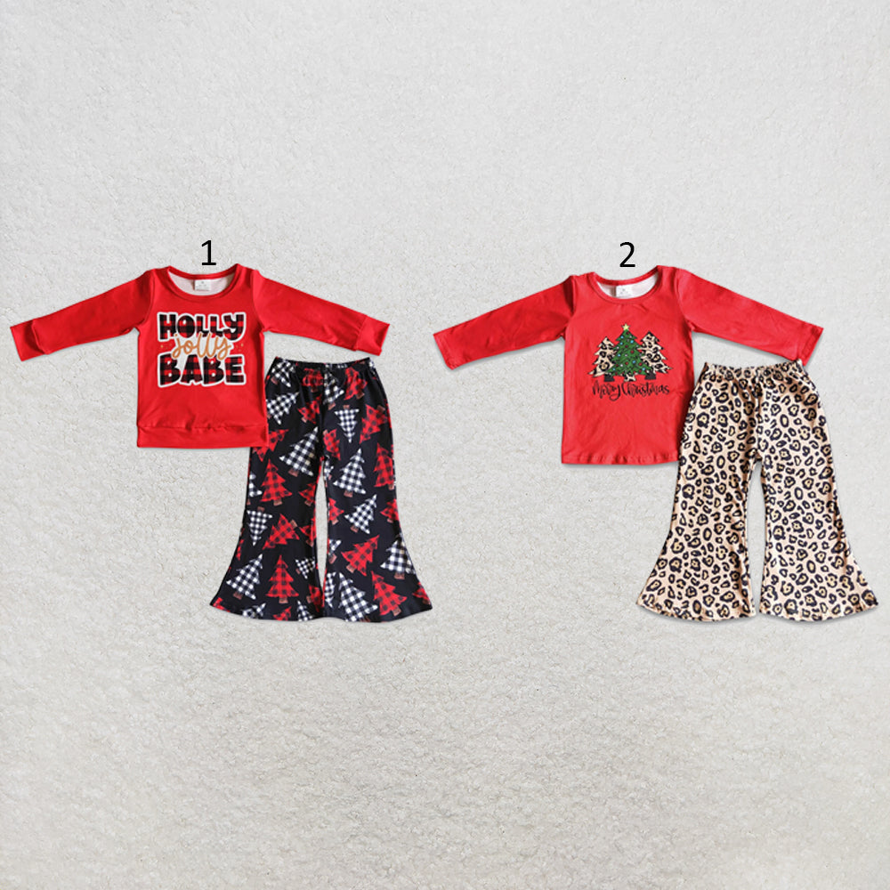 RTS NO MOQ Sibling milk silk Baby Girls Christmas Black Red Holly Tree Top Bell Pants Set