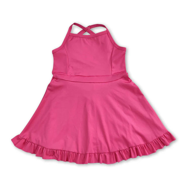 RTS NO MOQ Sibling Baby Girls Hot Pink Strap Yoga Active Shorts Ruffle Knee Length Dresses