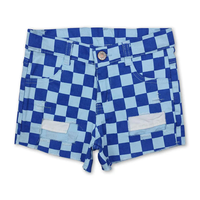 RTS NO MOQ Sibling Baby Girls Blue Checkered Distressed Denim Shorts