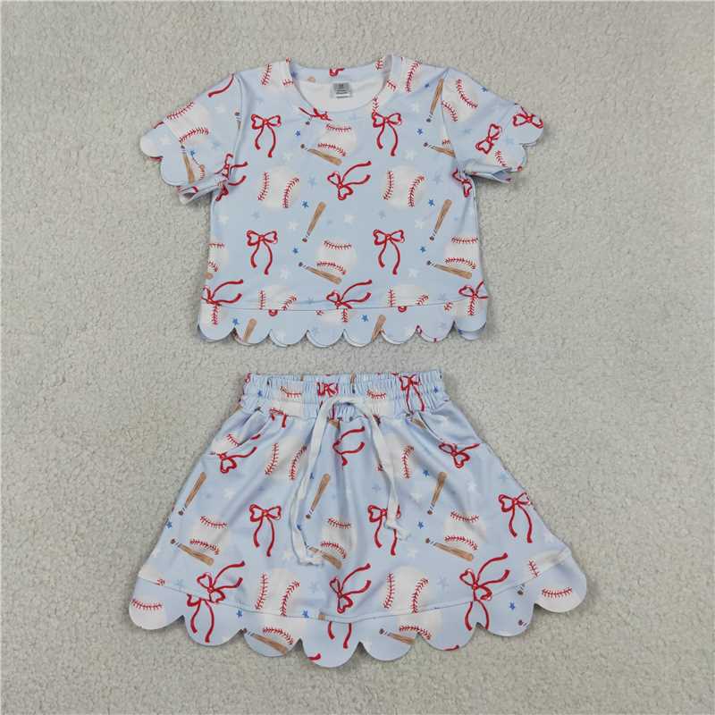 Baby Girls Baseball Bows Set - Light Blue Scallop Top & Skirt