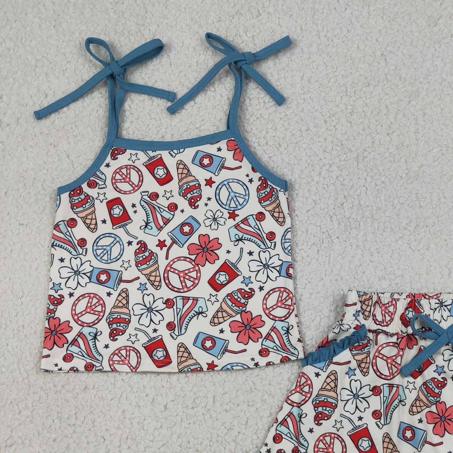 RTS NO MOQ milk silk GSD3827 Baby Girls Ice Cream Strap Top Scallop Pocket Skirt Shorts 4th of July Set