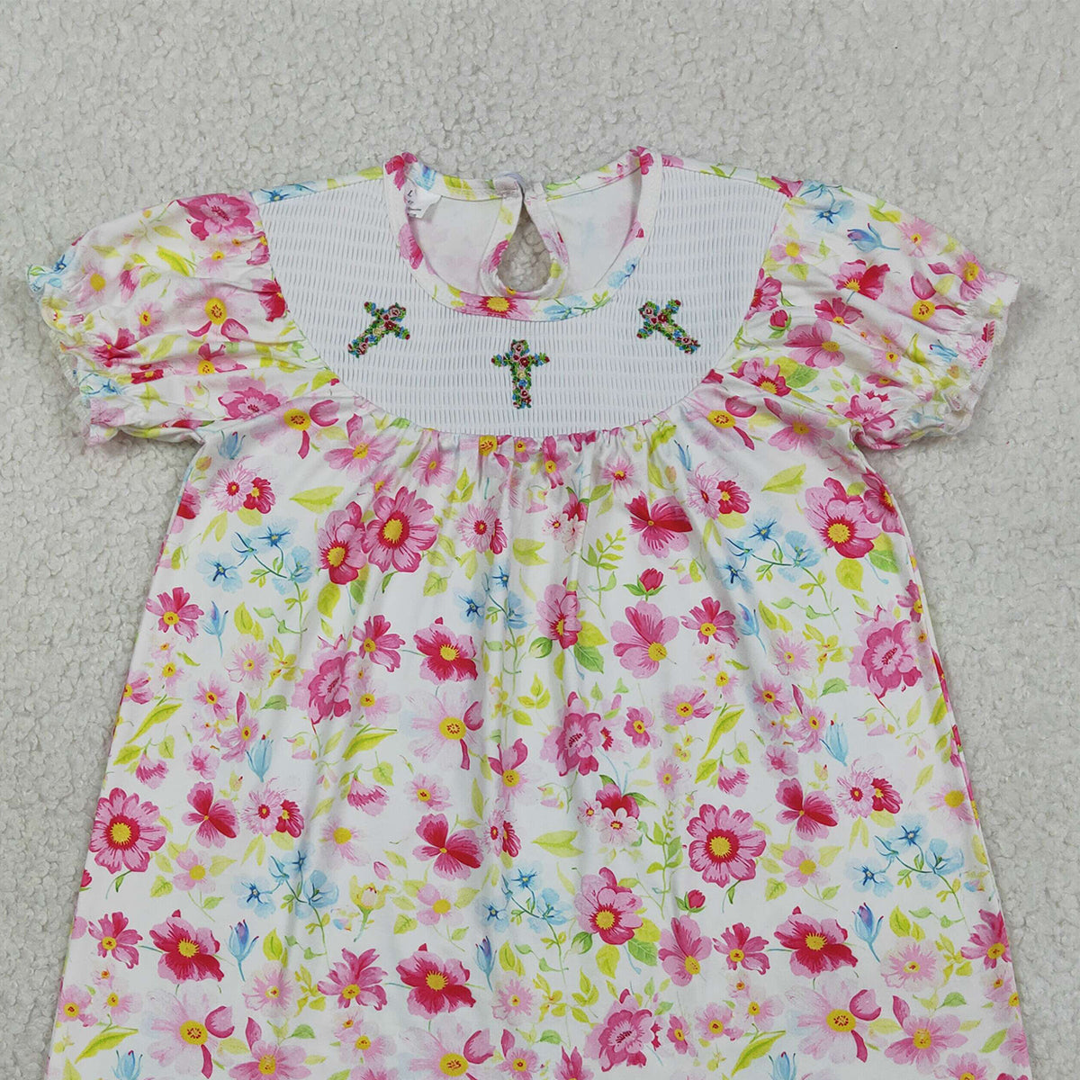 RTS NO MOQ GSD3314 Baby Girls Smocked Floral Crosses Knee Length Dresses Easter  Girls Dress