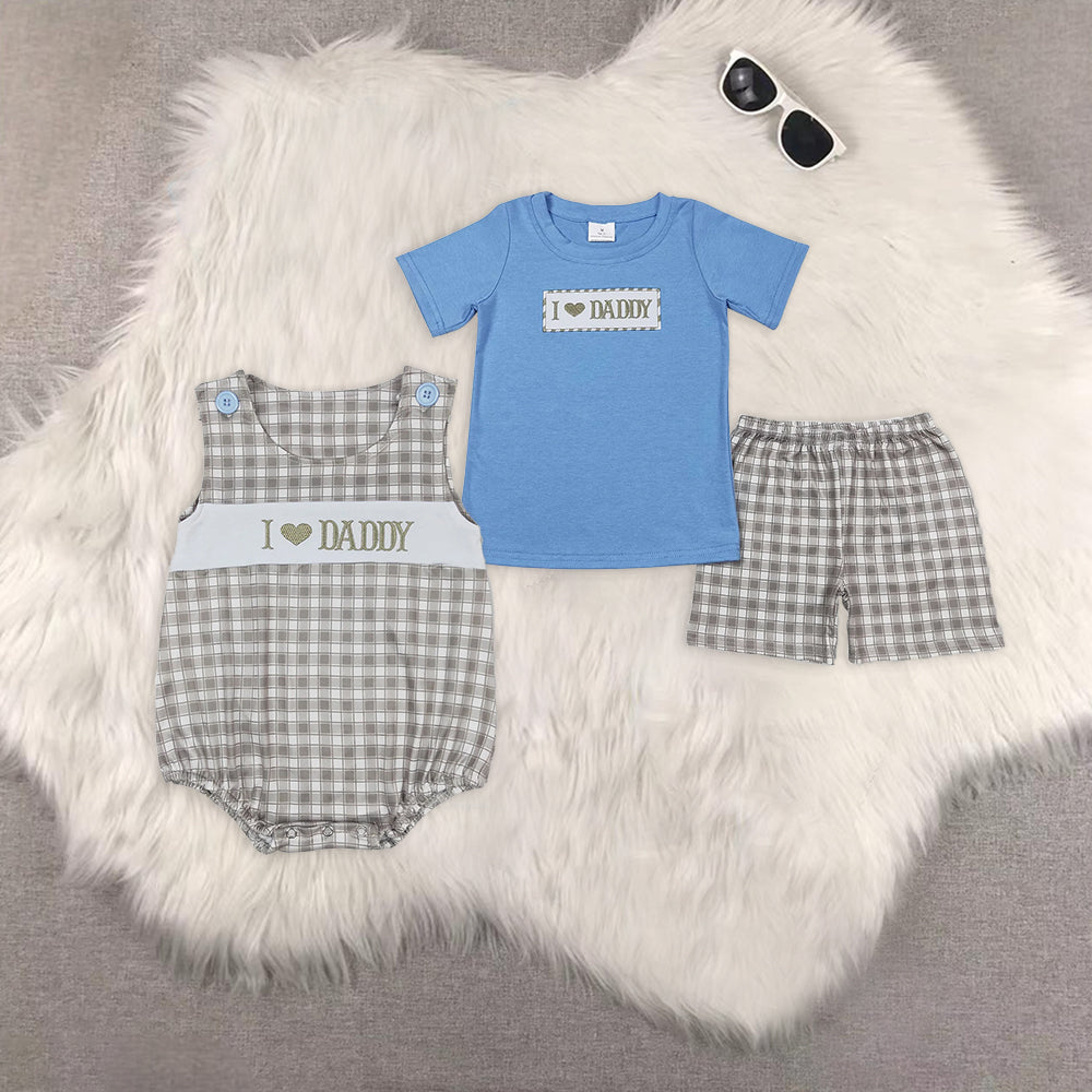 RTS NO MOQ I love daddy embroidered letters blue short-sleeved green I love daddy embroidered lettering green plaid vest