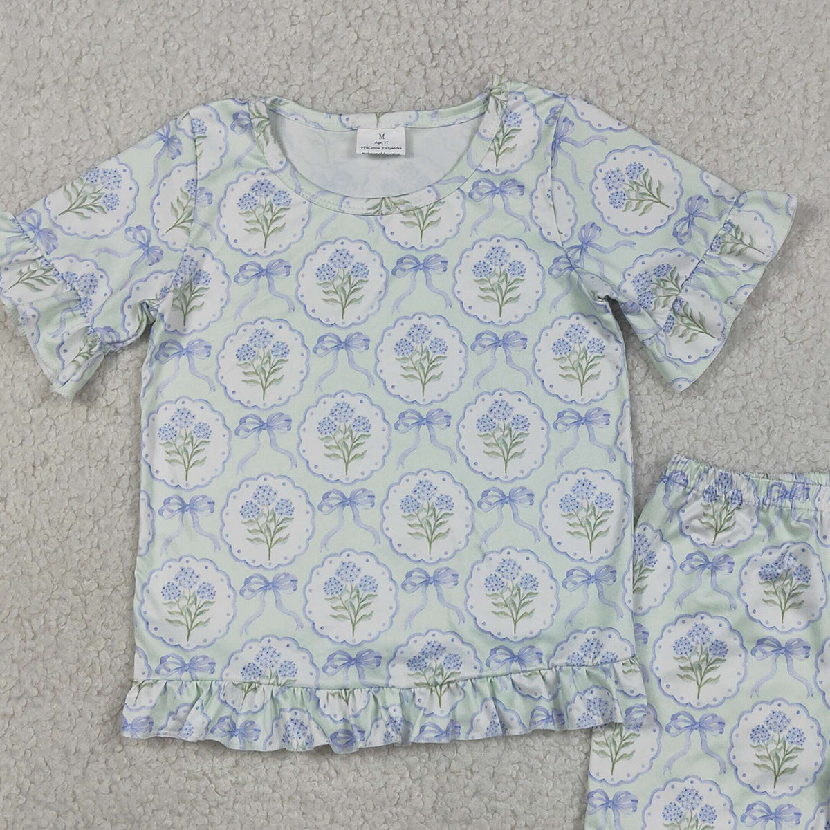 RTS NO MOQ GSSO3323 Baby Girls Cute Blue Bows Floral Top Ruffle Shorts Sleepwear Set
