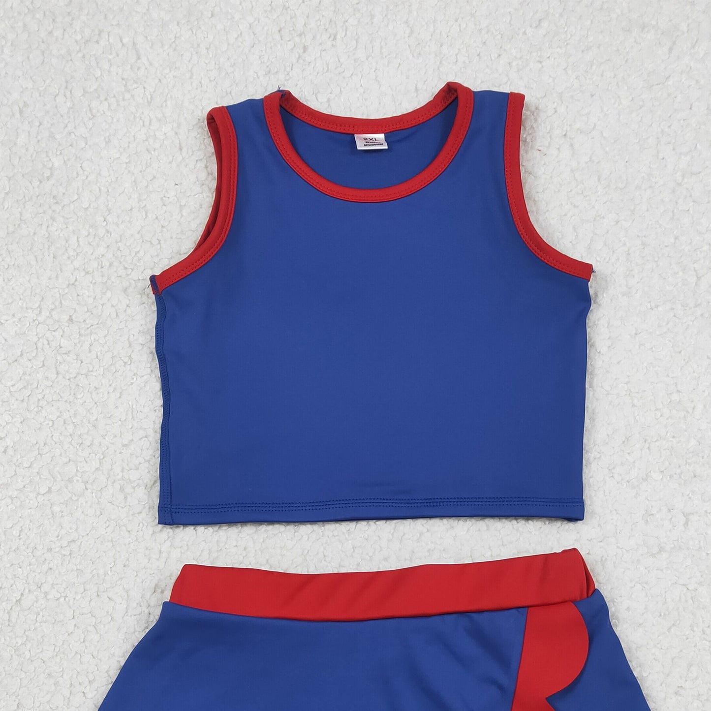 RTS NO MOQ yoga fabric cotton GSD4096 Toddler Girls Fashion Red Navy Vest Scallop Skort Yoga Outfit