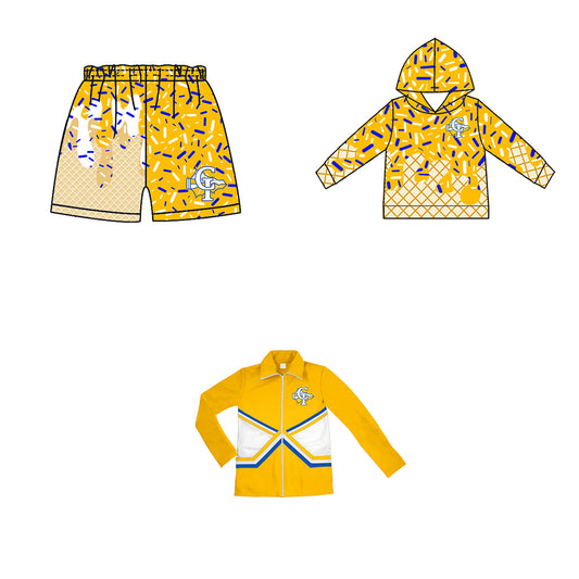 Custom moq 5 mix size milk silk baby girls clothes team bow yellow hooded long sleeve tops and shorts and jacket-25.7.24
