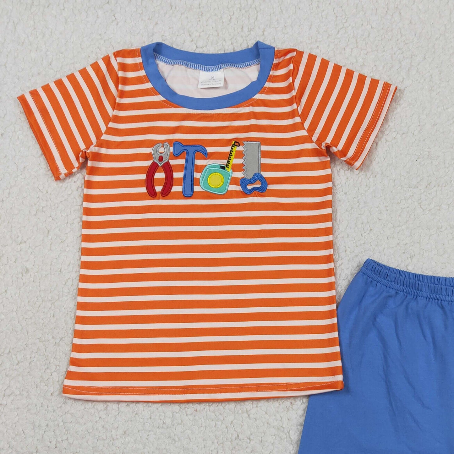 RTS NO MOQ BSSO1851  Kids Boys Tools Embroidery Orange Stripe Top Daily Shorts Sets