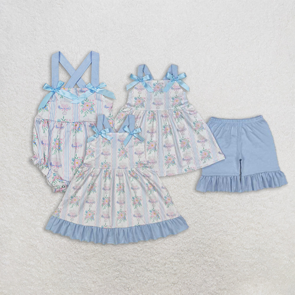 RTS NO MOQ baby Girls Clothes floral short sleeve shorts Sets and romper and dress