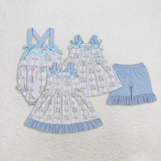 RTS NO MOQ baby Girls Clothes floral short sleeve shorts Sets and romper and dress