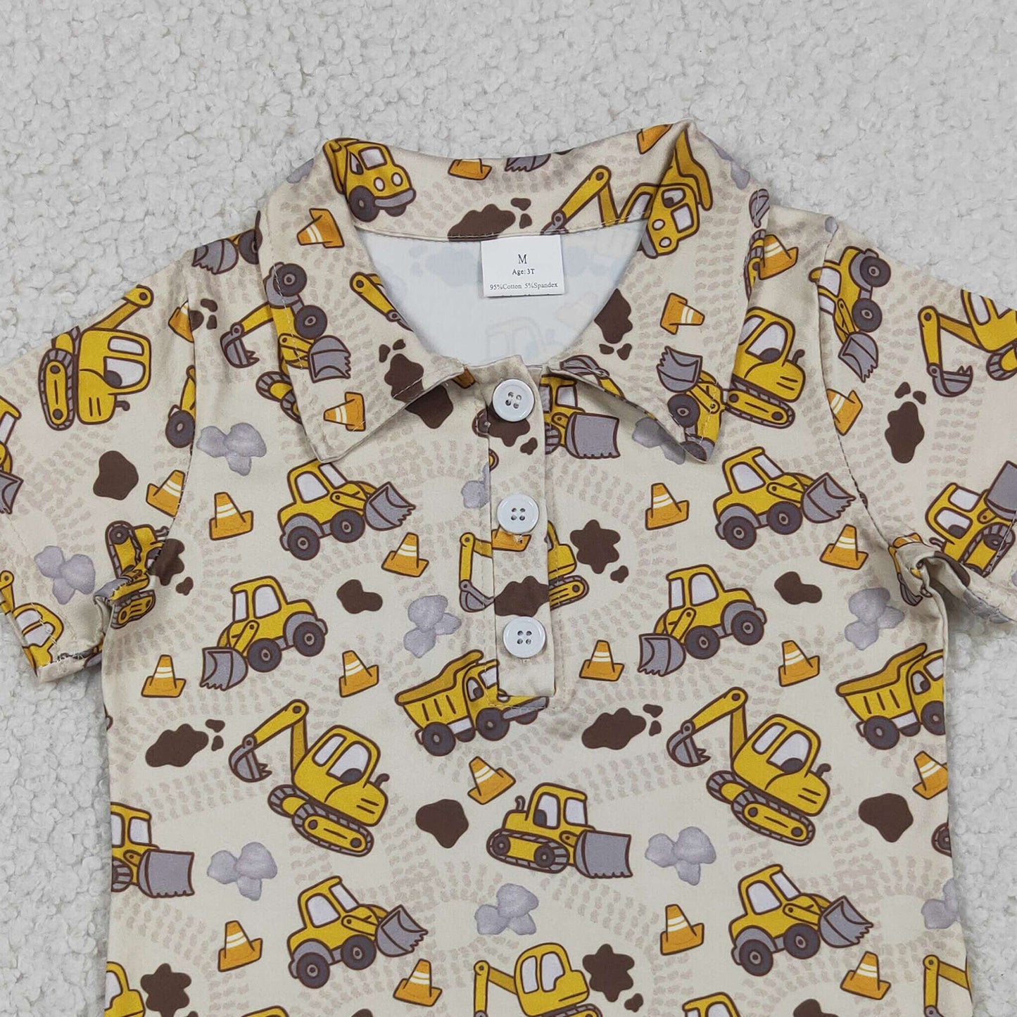 RTS NO MOQ milk silk BT1792 Baby Boys Excavator Tractor Print Short Sleeve Button Polo Shirt