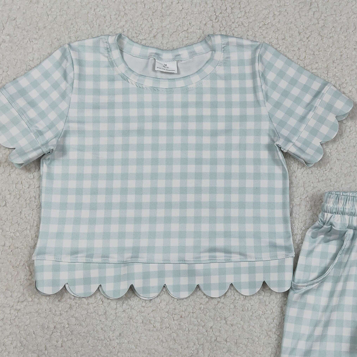 RTS NO MOQ GSSO3184 Baby Girls Blue Checked Top with Scallop Pockets Short Sleeve Outfit