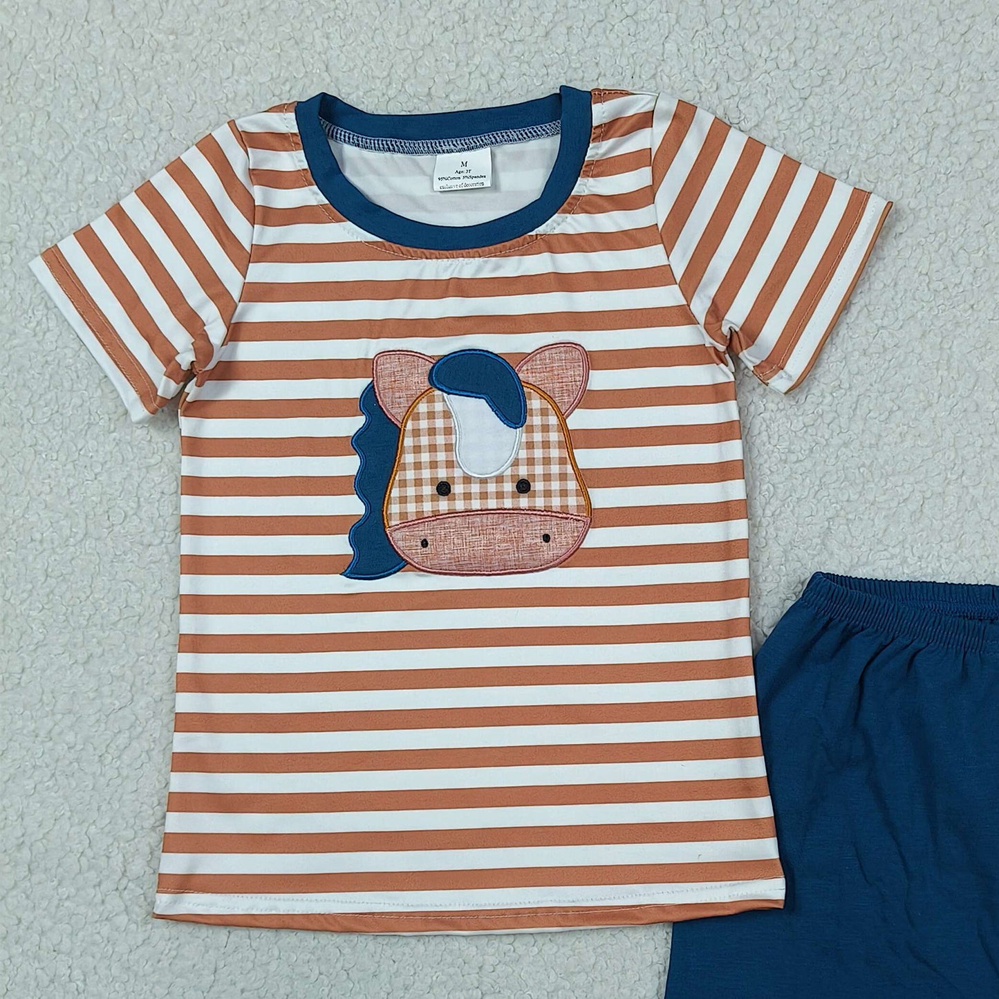 RTS NO MOQ BSSO0380 Baby Boys Stripe Top Embroidery Horse Pattern Shorts Western Casual Set
