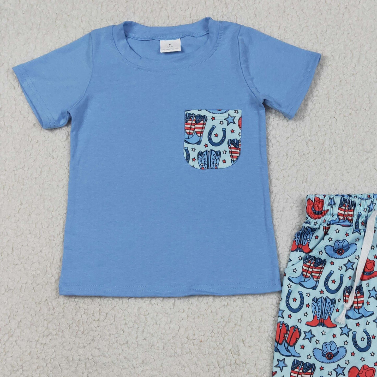 RTS NO MOQ BSSO1829 milk silk Baby Boys Pocket Shirts Stars Hats Boots Short Western Sets