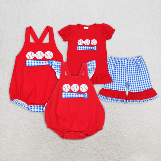 RTS baby girls clothes embroidery baseball Short Sleeve rompers set
