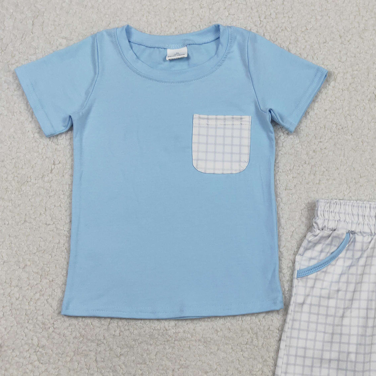 RTS NO MOQ BSSO1762 Baby Boys Blue Checked Shirt And Shorts Set Short Sleeve Top with Pockets Clothing Outfit for Infants