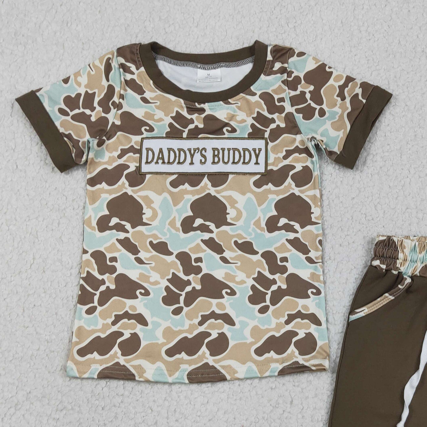 RTS NO MOQ milk silk BSSO1839 Baby Boys Embroidery Daddys Buddy Southern Camo Top Pocket Shorts Clothes Sets