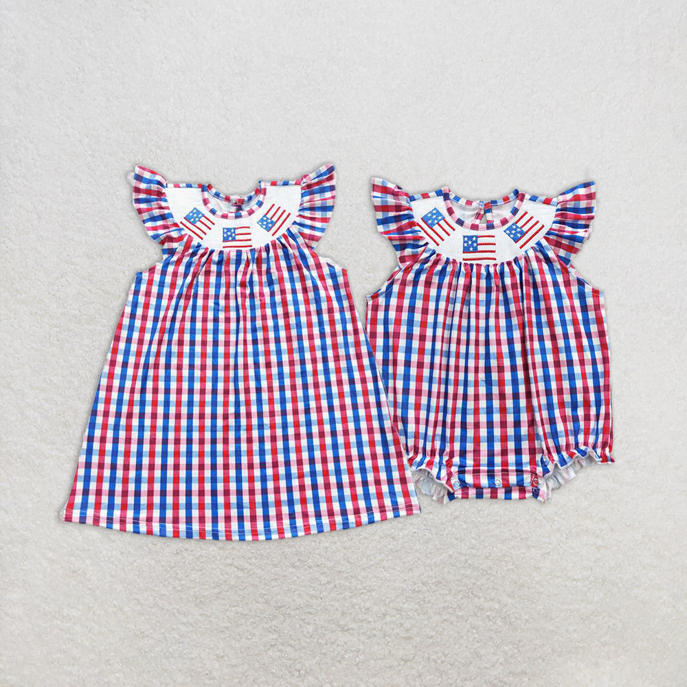 RTS NO MOQ baby girl clothes embroidery 4th of july flag flying-sleeved romper dress