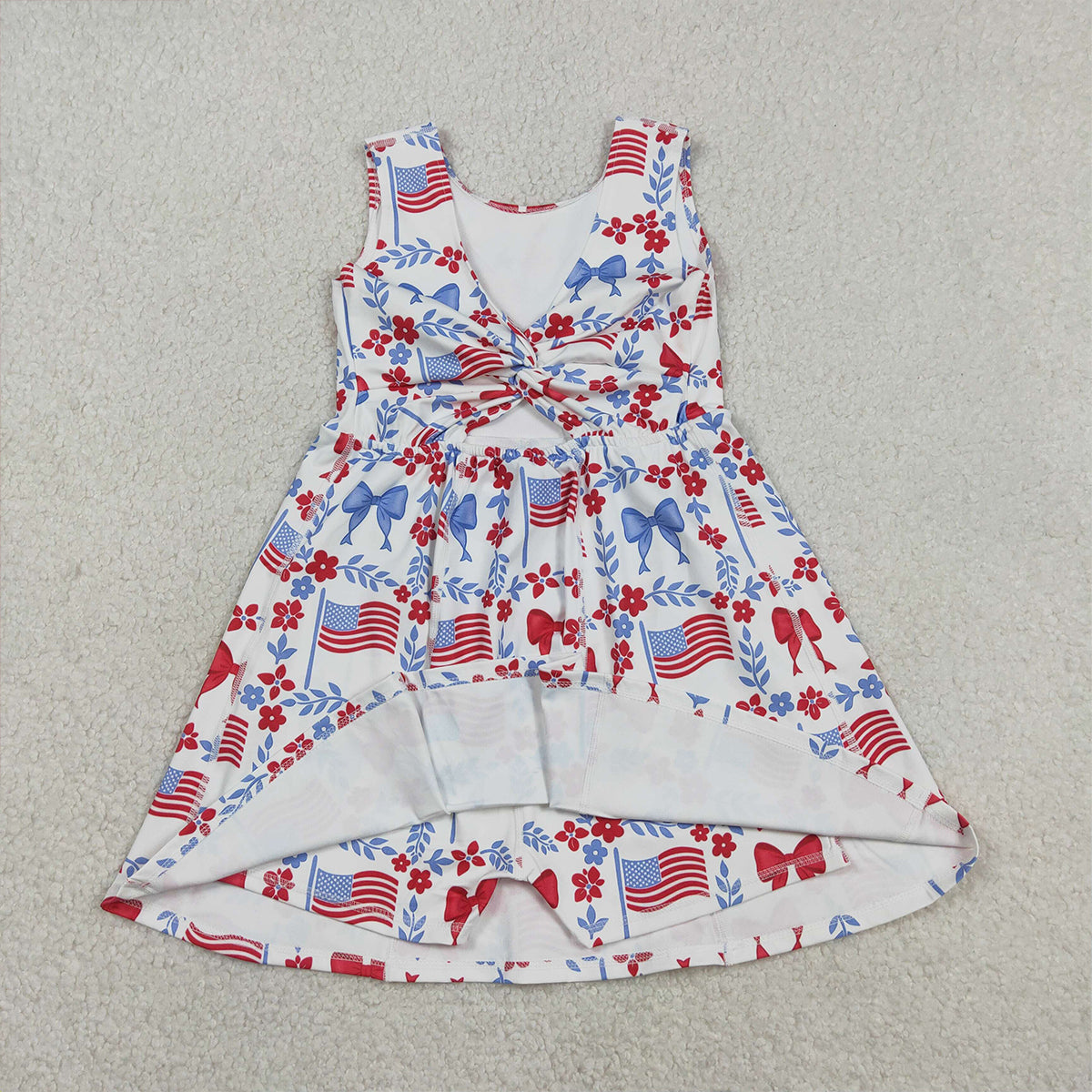 RTS NO MOQ GSD3500  Baby Girls 4th of July Yoga Active Shorts Knee Length Dress with Flower Flags Pattern