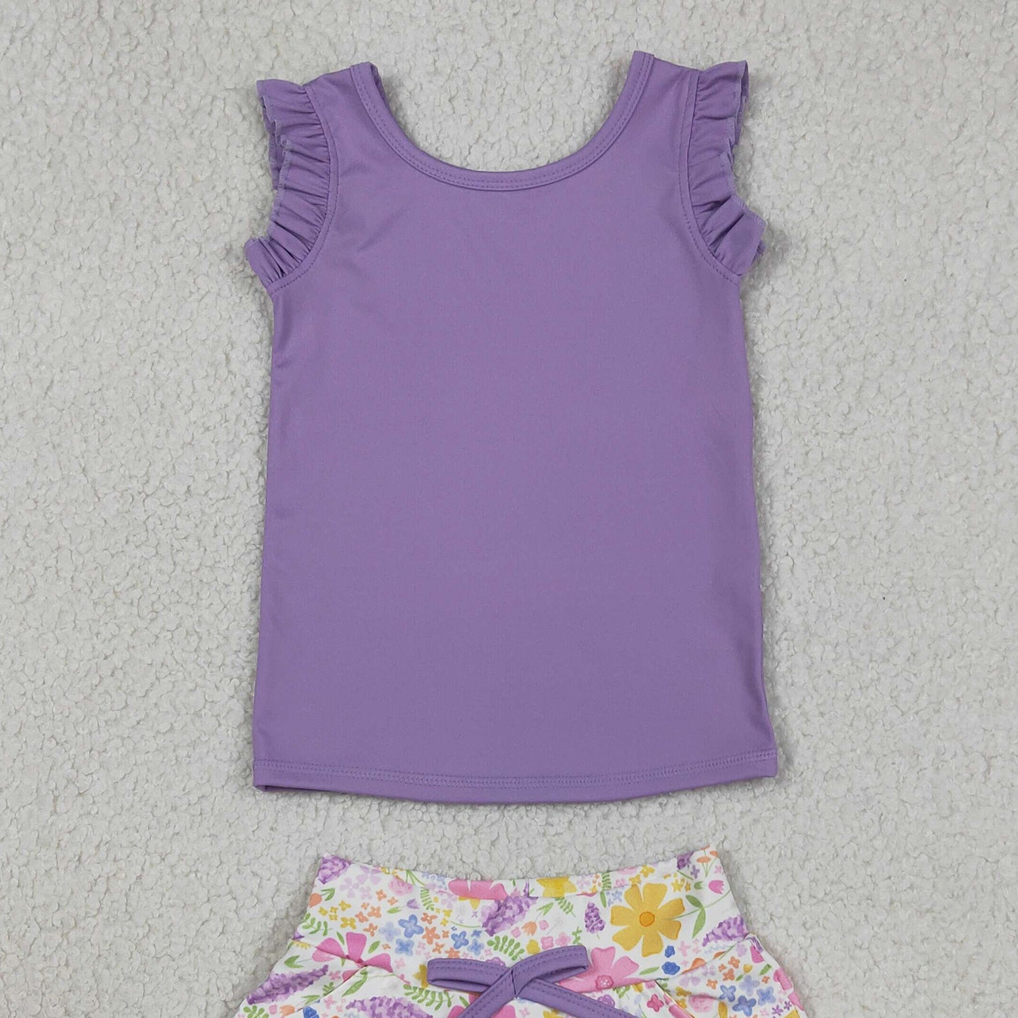 RTS NO MOQ GSD3771 Little Girls Purple Sleeveless Vest Floral Pocket Yoga Set