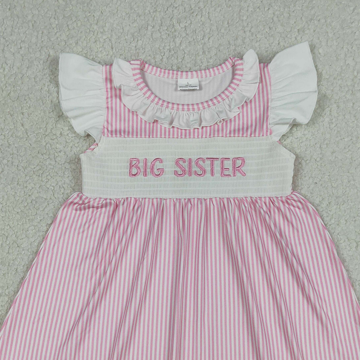 RTS NO MOQ GSD3153 Baby Girls Smocked Big Sister Flutter Sleeves Pink Stripe Knee-Length Dress Casual Wear for Girls（3-6M-7-8T）