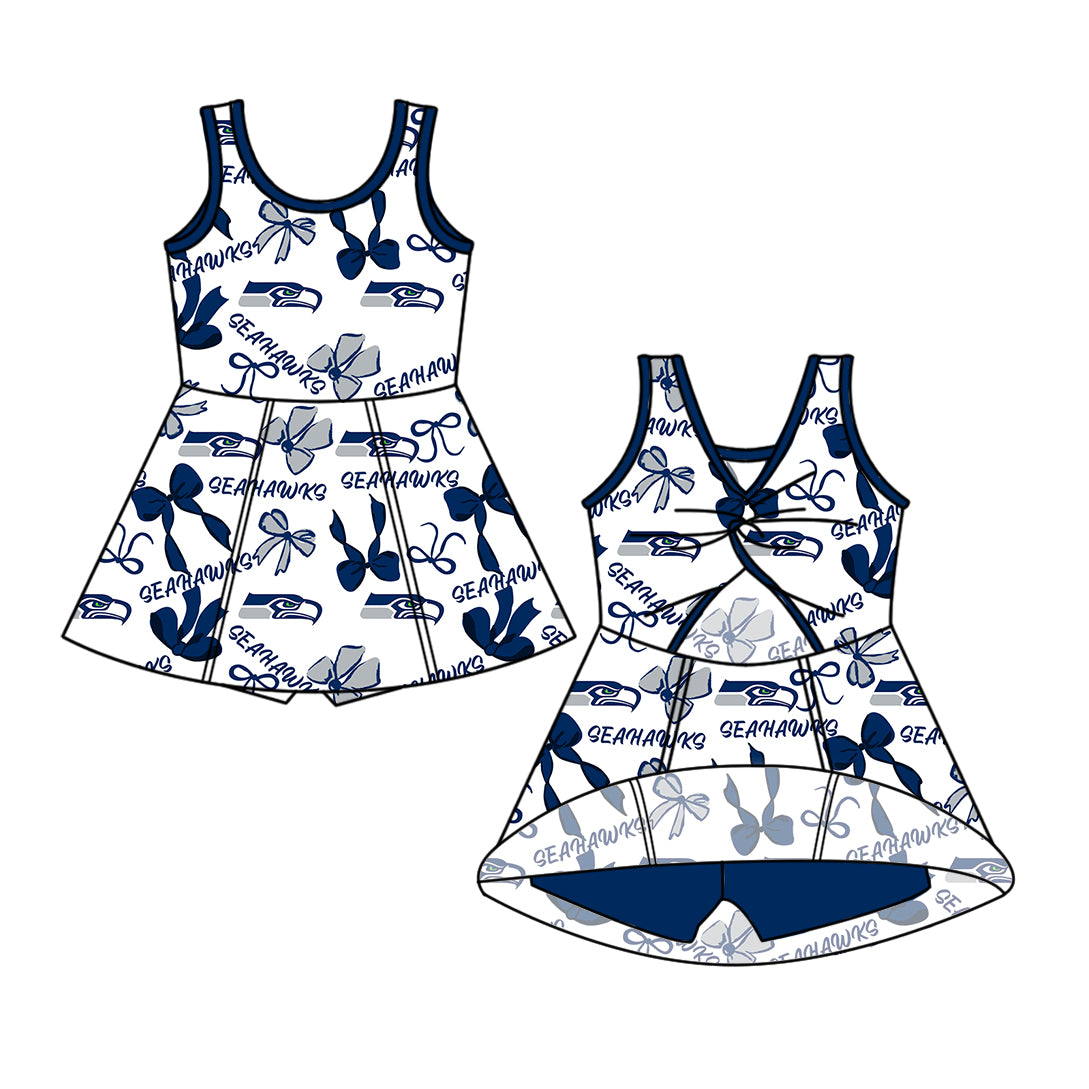 Custom moq 5 mix size milk silk summer teams Baby Girls Navy Blue Bow Vest Top Skirt Shorts Sets Sleeveless Knee Length Dresses Yoga Shorts Active Outfit