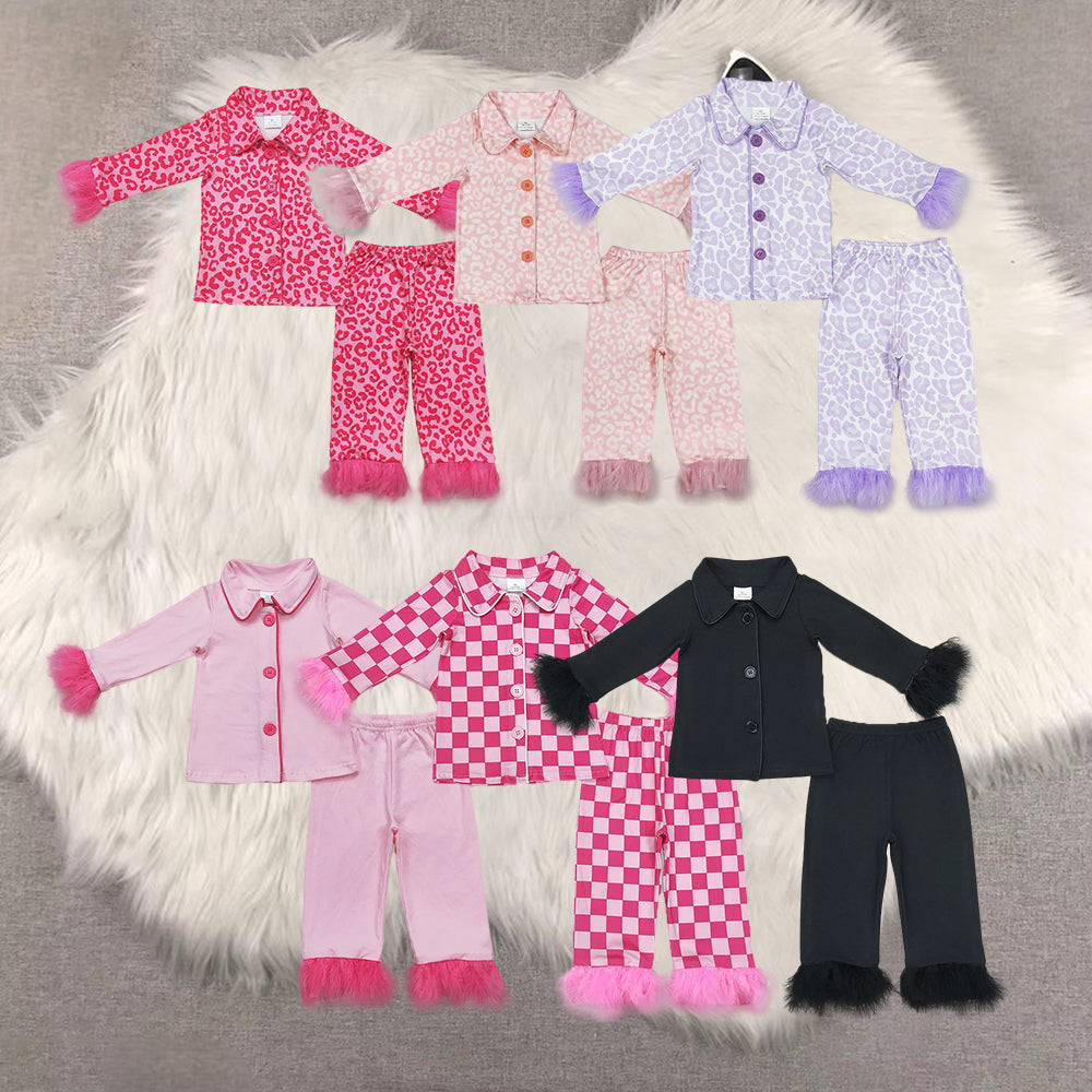 RTS NO MOQ Sibling Baby Girls Pink Plush Button Long Sleeve Long Pants Pajama Set