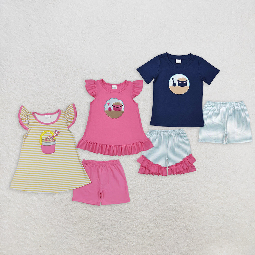 RTS NO MOQ baby girl clothes embroidery short-sleeved shorts suit & short-sleeved sets