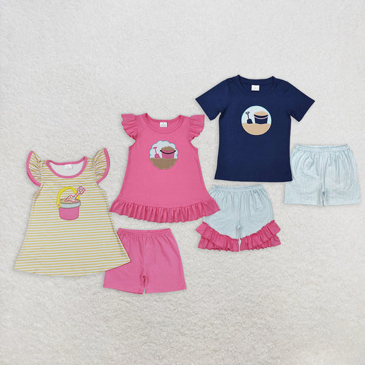 RTS NO MOQ baby girl clothes embroidery short-sleeved shorts suit & short-sleeved sets
