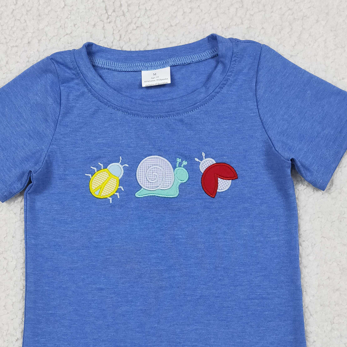 RTS NO MOQ BT1725 Baby Boys Blue Embroidery Ladybirds Snails Short Sleeve T-shirts Top