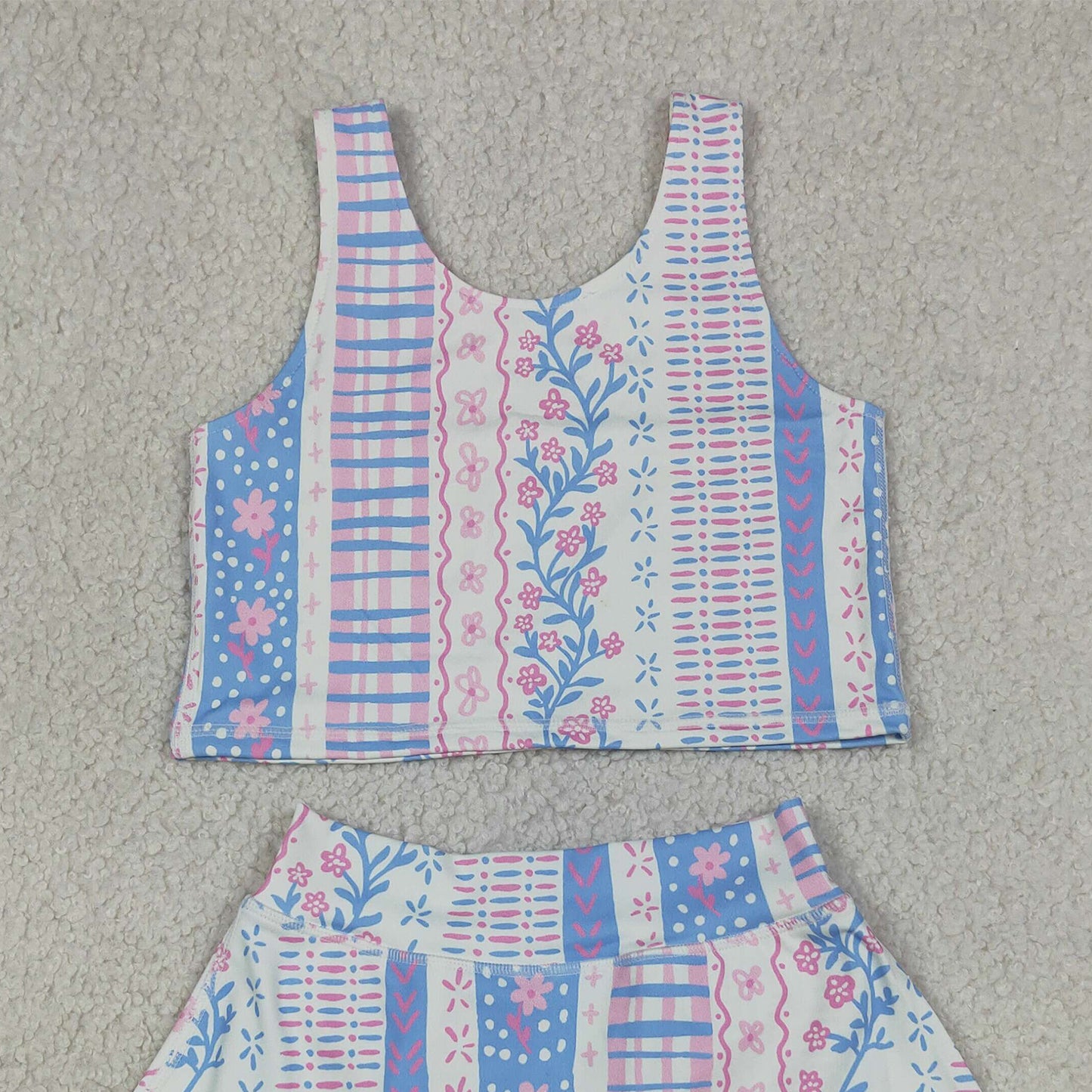 RTS NO MOQ yoga fabric GSD1995 Baby Girls Cute Blue Pink Floral Vest Top Skort Yoga Active Set