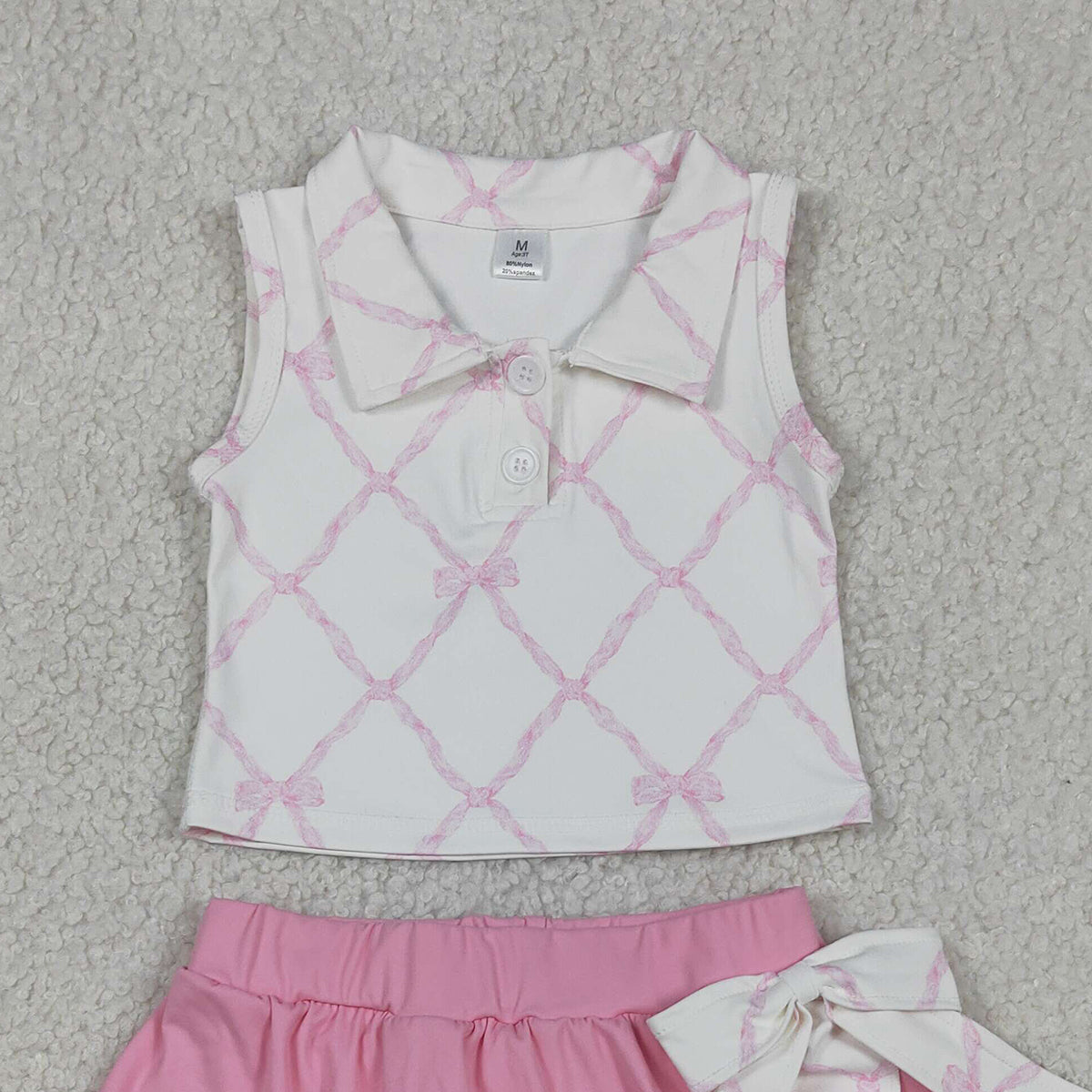 RTS NO MOQ GSD3479 Baby Girls Pink Checked Button Top Ruffle Skirt And Shorts Set with Bows Yoga Clothes for Kids