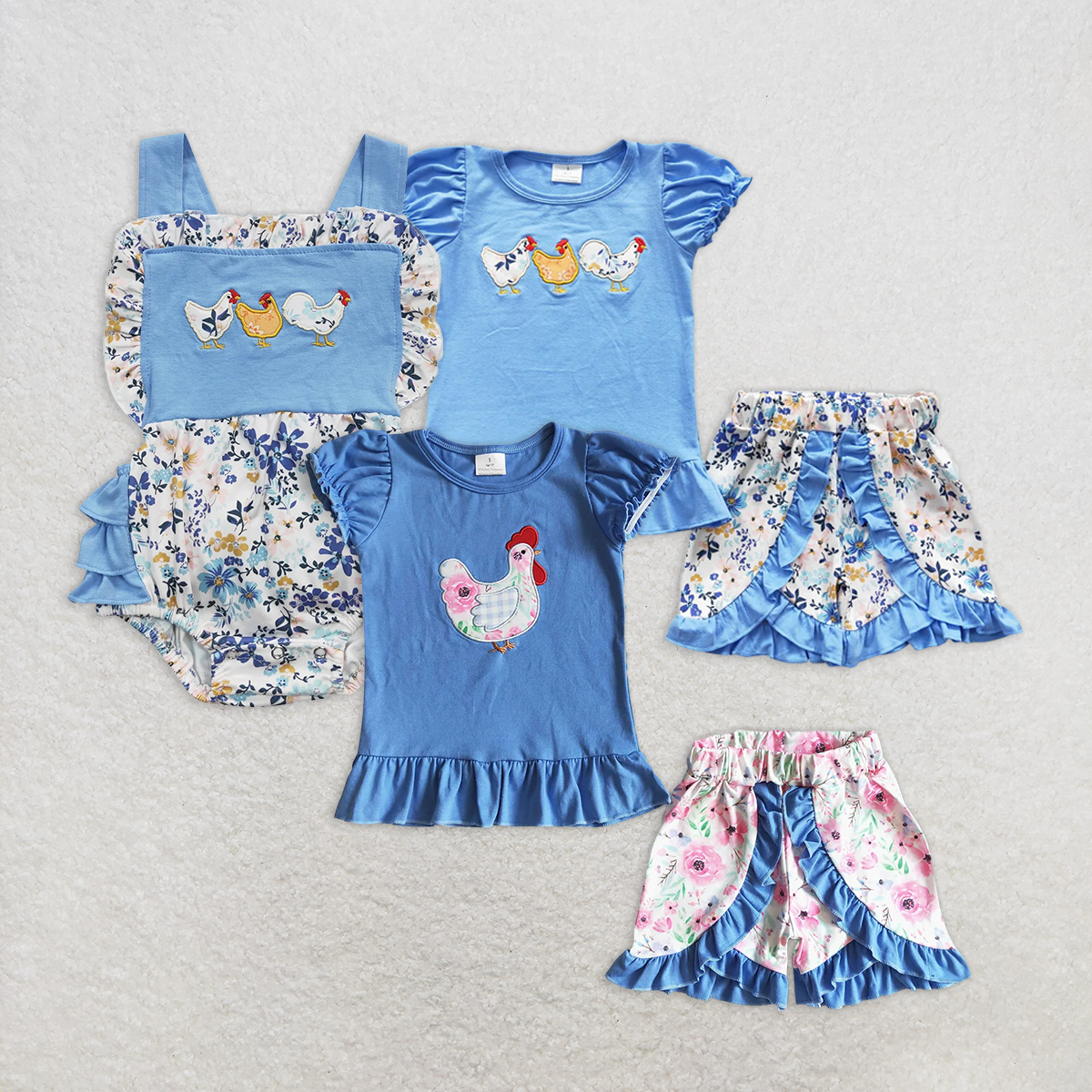 RTS Embroidery Blue Short Sleeve Plaid Shorts Set with Embroidered Rooster