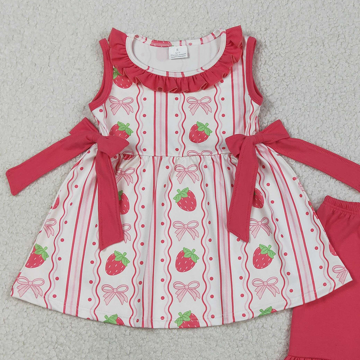 RTS NO MOQ GSSO3276 Baby Girls Strawberry Bows Tunic Ruffle Shorts Outfit Set Striped Print