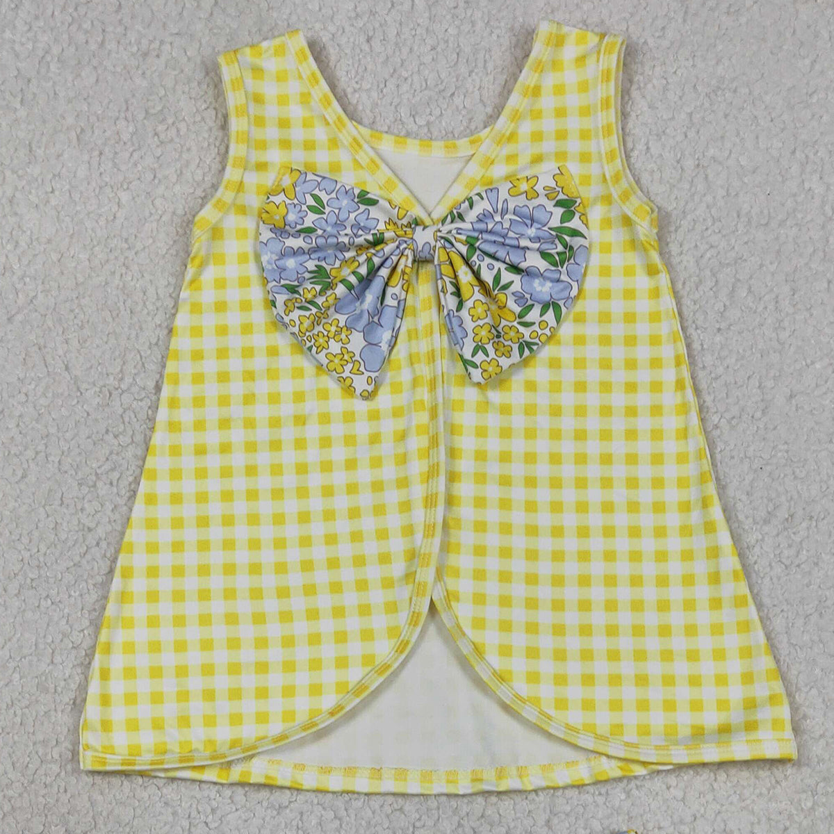 RTS NO MOQ GBO0504 Baby Girls Yellow Checked Flowers Tunic with Back Bow And Bummies Outfit Set