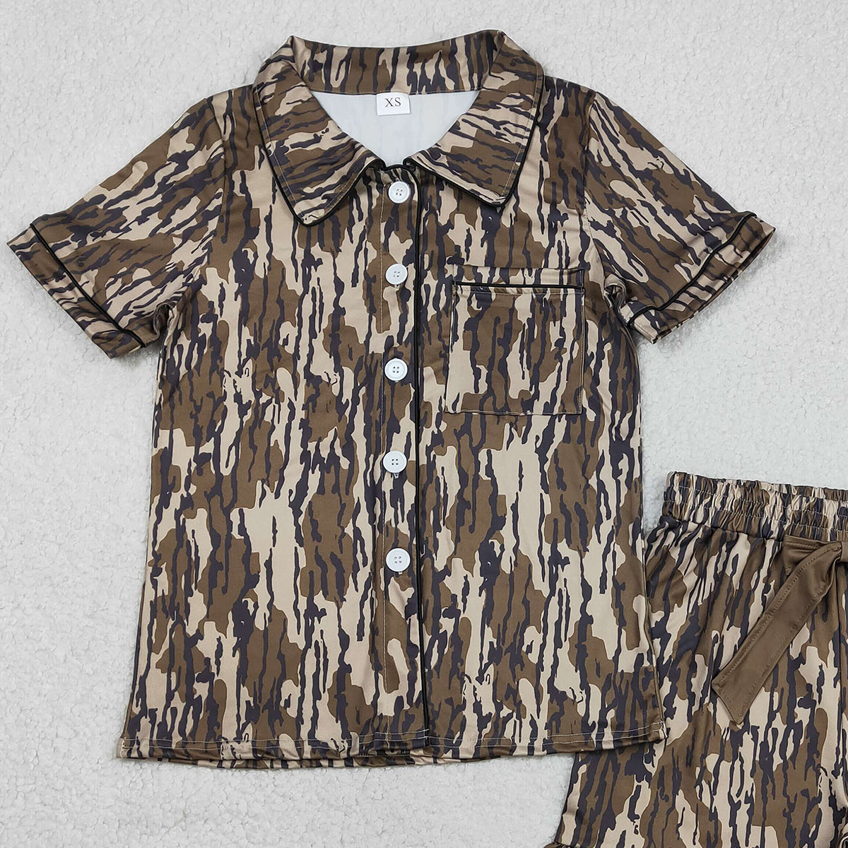 RTS NO MOQ GSSO3136 Adult Women's Southern Olive Camo Pajamas Set with Button Pocket Top And Ruffle Shorts Sleepwear