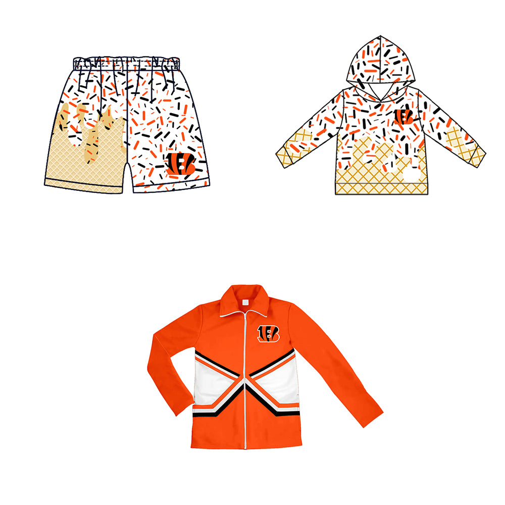Custom moq 5 mix size milk silk baby girls clothes team bow orange hooded long sleeve tops and shorts and jacket-25.7.21