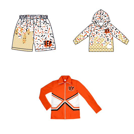 Custom moq 5 mix size milk silk baby girls clothes team bow orange hooded long sleeve tops and shorts and jacket-25.7.21