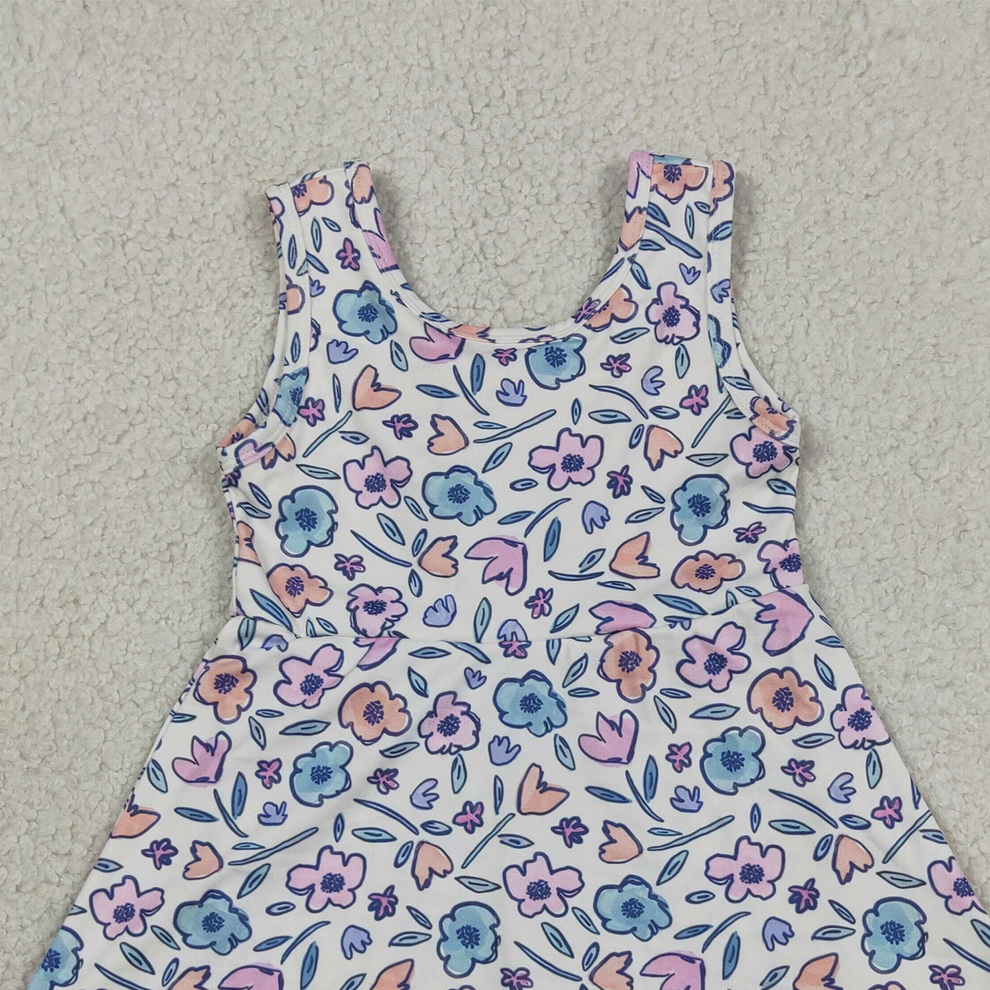 RTS NO MOQ yoga fabric GSD3808 Baby Girls Colorful Flowers Back Bows Active Short Scallop Knee Length Dress