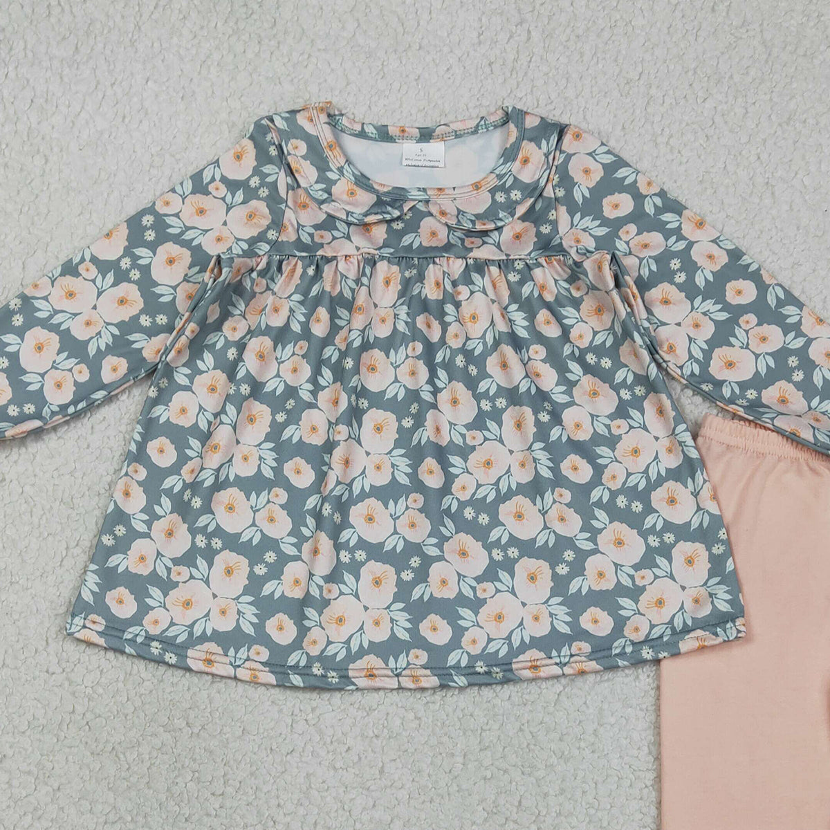 RTS NO MOQ GLP2776 Baby Girls Long Ruffle Sleeve Tunic with Flowers Collar And Leggings Pant Outfit