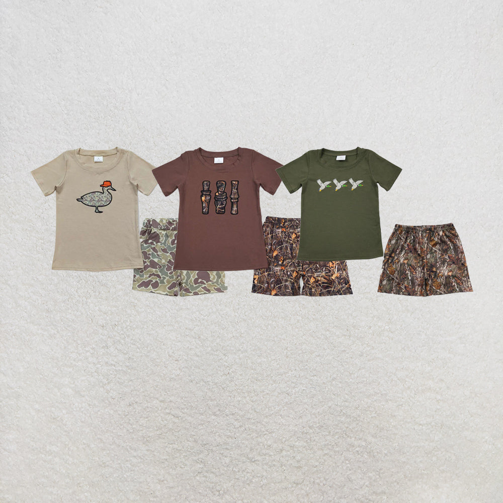 RTS NO MOQ Sibling Baby Boys Khaki Camo Duck Shirt Top Shorts Clothes Sets
