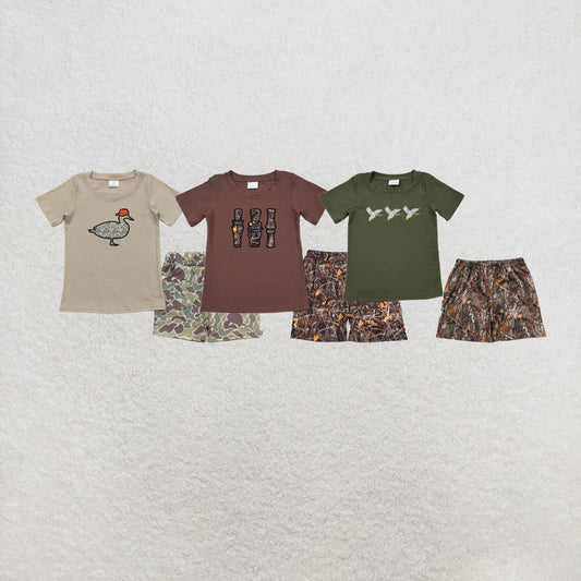 RTS NO MOQ Sibling Baby Boys Khaki Camo Duck Shirt Top Shorts Clothes Sets