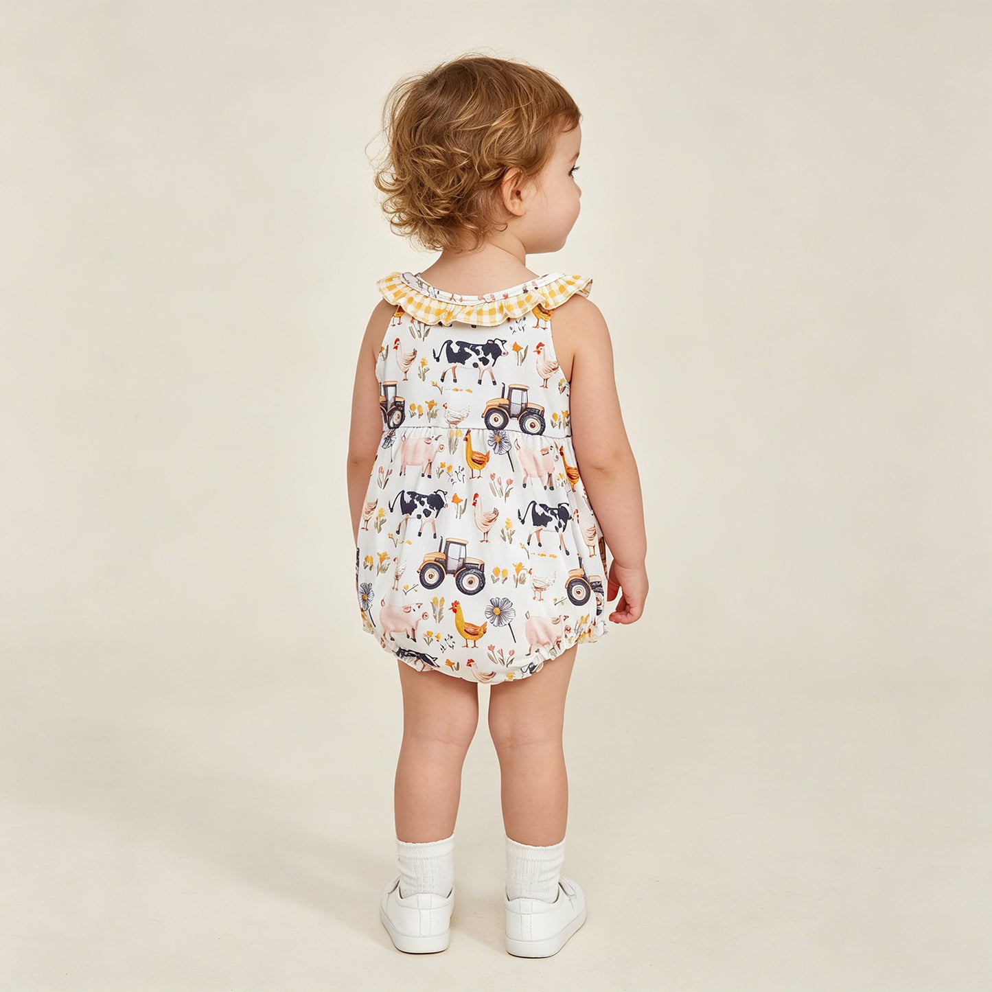 RTS NO MOQ SR3848 Baby Girls Farm Cows Trucks Collar Ruffle Rompers