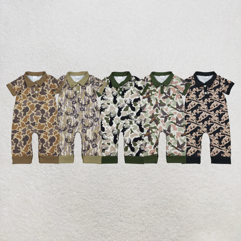 RTS NO MOQ Sibling Baby Boys Southern Khaki Camo Button Hunting Rompers