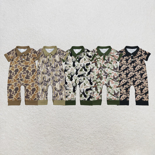 RTS NO MOQ Sibling Baby Boys Southern Khaki Camo Button Hunting Rompers