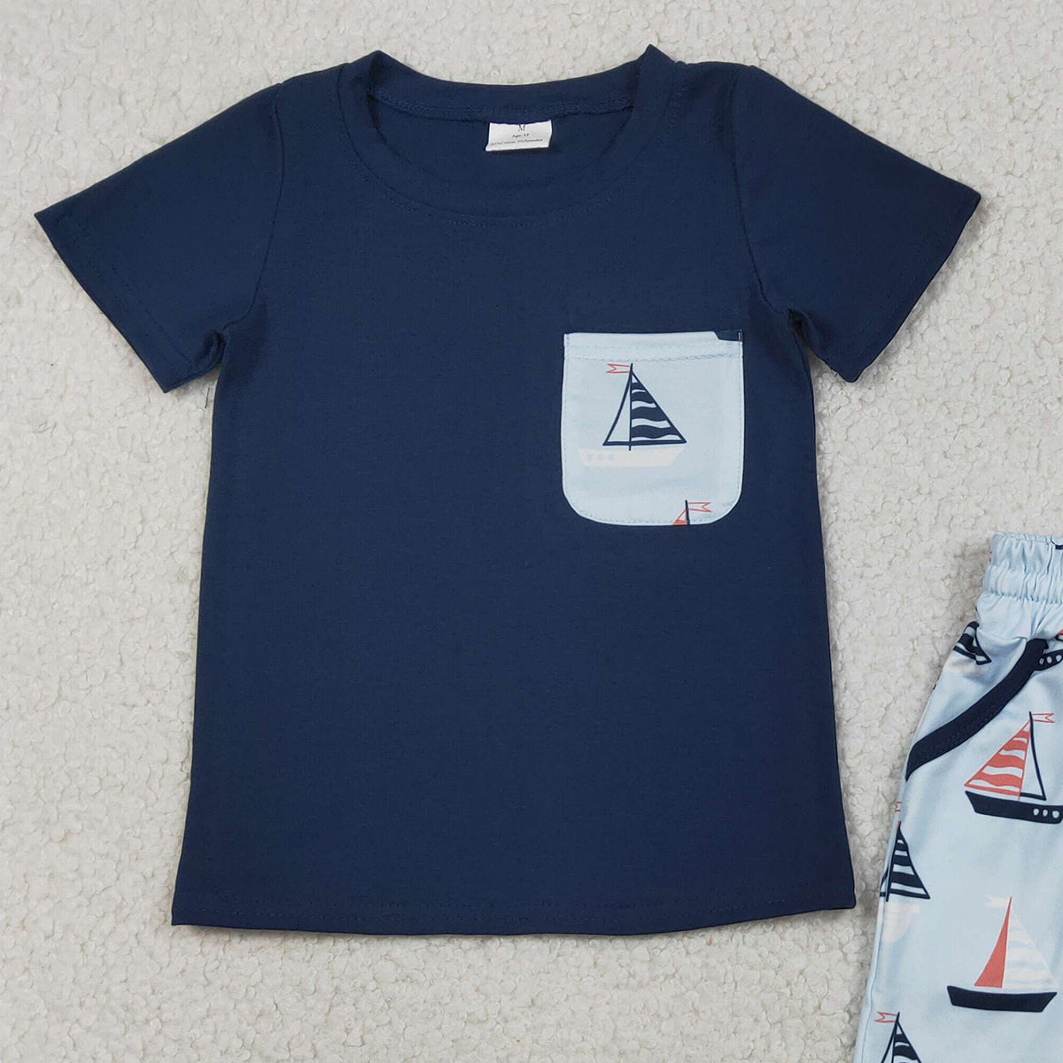 RTS NO MOQ BSSO1855 Baby Boys Navy Short Sleeve Shirt with Boats Pockets And Shorts Set Cute Outfit for Little Ones