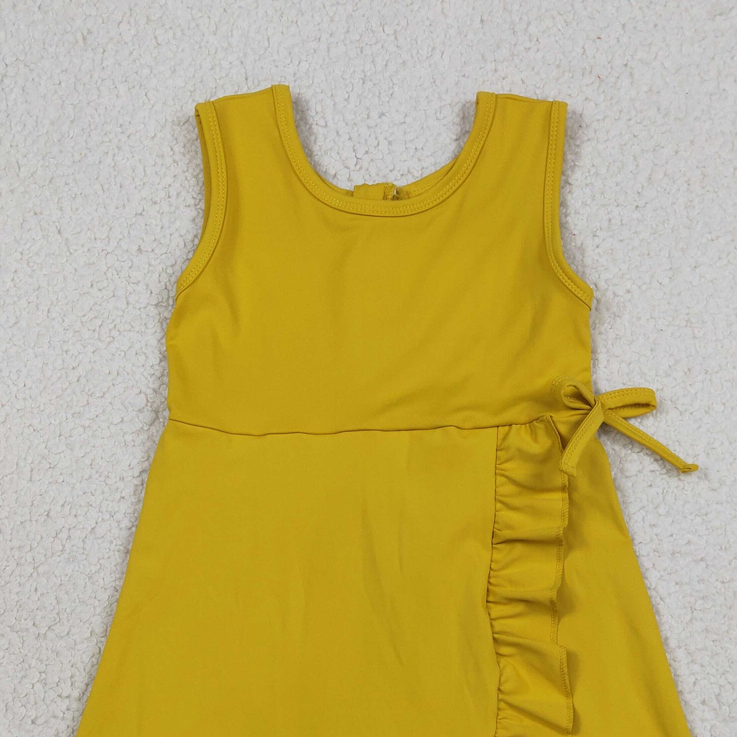 RTS NO MOQ yoga fabric cotton GSD3031 Baby Girls Yellow Sleeveless Ruffle Shorts Knee Length Dresses