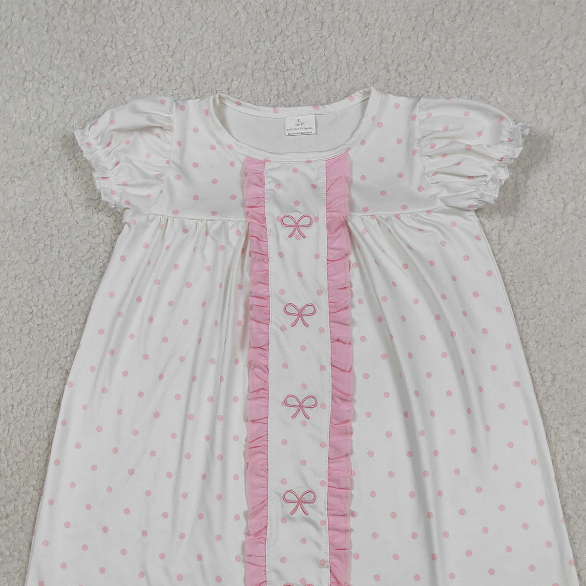 RTS NO MOQ GSD3312 Toddler Girls Sweet Embroidery Bows Pink Polka Dot Knee Length Dresses