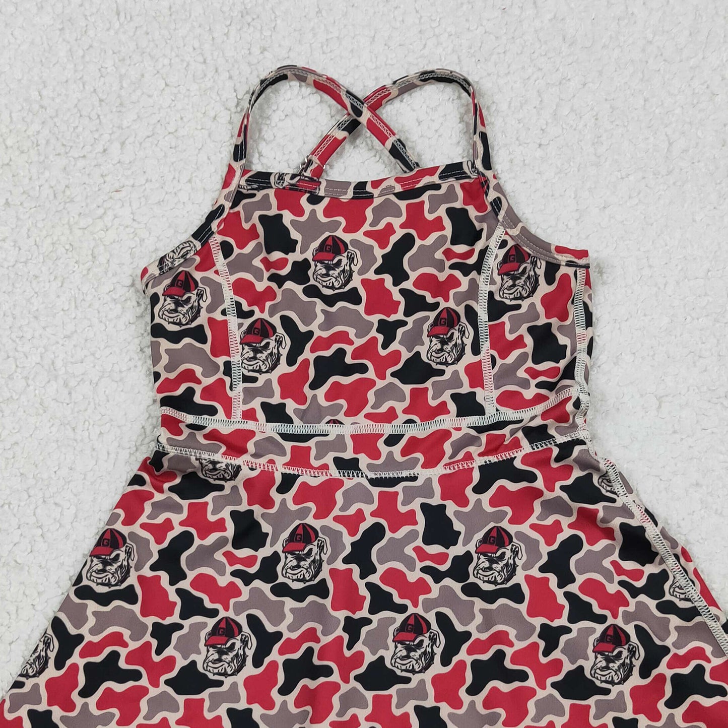 RTS NO MOQ yoga fabric GSD3593 Baby Girls Strap Camo Team Print Ruffle Knee Length Dress